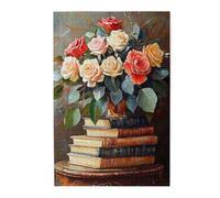 Vintage Stacked Books and Rose Bouquet Wooden Puzzle,1000 Pcs,Literature and Floral Art,Oil Painting Style Still Life,Stress Reduction Games for Adults,Gift for Family and Friends