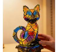Vintage Stained Glass Cat Lamp, Cat Bedside Lamp Led Nightlight, Resin Home Decor Spooky Halloween Decorations for Office Apartment Living Room Nightstand Bedroom Nursery Bar Dorm Holiday
