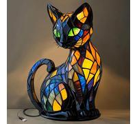 Vintage Stained Glass Cat Lamp, Cates Lovers Art Night Light, Handmade Resin LED Animal Bedside Table Night Lights Cute Pet Kitty Themed Led Table Lamps Vintage Animal Night-Light Home Decor (Cat)