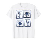 Vintage Stamp Ocean Life Linocut Seahorse Octopus T-Shirt