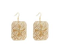 Vintage Starfish Square Dangle Drop Earrings for Women Gold Plated Dainty Hollow Filigree Flower Geometric Sea Star Lightweight Statement Dangling Hook Earrings Spring Summer Beach Fashion Jewelry