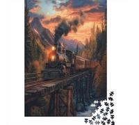 Vintage Steam Locomotive Jigsaw Puzzles for Adults And Kids. 1000 Pieces Old Wooden Bridge Sunset in The Mountains Whimsical Challenge Toy Educational Game Home Decor 70x50cm/1000pcs