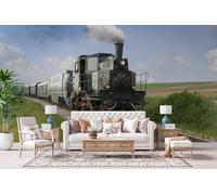 Vintage Steam Locomotive Photo Wallpaper 3D Wall Mural, Nonwoven Wall Paper Murals Wall Art for Bedroom Living Room Office Home Decor, Nature Green Fields Wallpaper 200x140cm Poster Picture 5C288