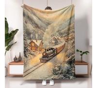 Vintage Steam Train Blanket, Snowy Mountain Landscape Throw Blanket, Soft Cozy Fleece for Winter Christmas Holidays, Travel, Couch, Bed, All Seasons 60x80 Inch