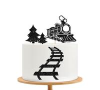 Vintage Steam Train Cake Topper, Steam Train Birthday Cake Decor, Black Glitter Railroad Runaway Train Cake Topper with Trees Track, Railway Party Decoration