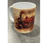 Vintage Steam Train Ceramic Coffee Mug, Red and Green Design, Artistic Railway Artwork