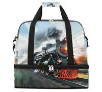 Vintage Steam Train Foldable Travel Duffel Bag Large Capacity Sports Gym Bag with Wet Dry Compartment Shoe Pocket Lightweight Carry On Overnight Weekender Bag for Women Men