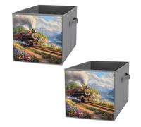Vintage Steam Train in Spring Cube Storage Bin Foldable Oxford Cloth Open Storage Basket with Handles for Closet Shelf