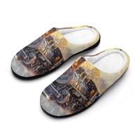 Vintage Steam Train Men's Soft Cotton Slippers with Memory Foam Anti-skid House Shoes for Travel Indoor Outdoor