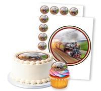 Vintage Steam Train On Tracks, 1 Round 8" & 24 2" Edible Toppers Set
