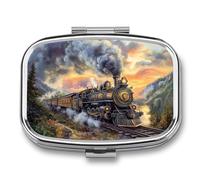 Vintage Steam Train Pill Box 2 Compartment Portable Medicine Pill Case Travel Pill Organizer for Pocket Purse