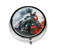 Vintage Steam Train Round Pill Box with 3 Compartments, Mini Metal Pill Organizer for Purse or Pocket, Lightweight Portable for Daily Use Gifts Travel