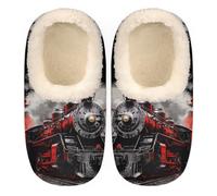 Vintage Steam Train Slippers for Women Men, Cool Train House Slippers Socks Warm Fuzzy Memory Foam Indoor Slippers Lightweight Cozy Anti-Skid Closed Back Home Shoes, Medium, Multicolor, 11-12