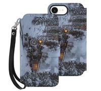 Vintage Steam Train Snowy Day Leather Flip Phone Case Wallet Cover Compatible with iPhone 16/16 Plus/16 Pro/16 Pro Max/16 E