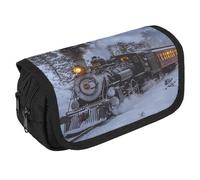 Vintage Steam Train Snowy Day Portable Pen Case Double Layered Large Capacity Exquisite Pencil Case for Officce