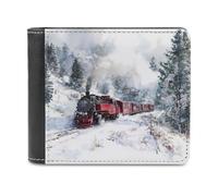 Vintage Steam Train Snowy Winter Men's Leather Wallet Bifold Purse Card Holder Slim Money Clip Single-Sided Print