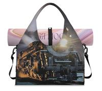 Vintage Steam Train Sports Duffle Bag with Shoe Compartment Steam Train Weekend Overnight Bags Tote Cabin Luggage Bag for Gym Yoga Travel