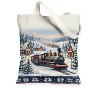 Vintage Steam Train Winter Village Scene Canvas Tote Bag 13x15 Inch | Snowy Village Landscape, Vintage Locomotive, Cozy Cabin Scenery, Winter Wonderland Theme, Fair Isle Bottom Border