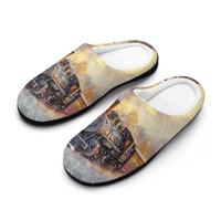 Vintage Steam Train Women's Cotton Slippers Winter Indoor Outdoor House Shoes Gift for Travel Bedroom Hotel 11-12（42-43）