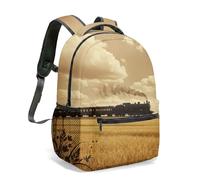 Vintage Steampunk Train 16 Inch Backpack Rustic Railroad Sunset Landscape Illustration All Over Print Travel Rucksack Daypack (03)
