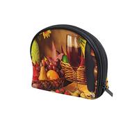 Vintage Still Life of Sunflowers Red Wine Fruits Nuts Women's Shell Shape Cosmetic Makeup Bag, With Zipper Travel Toiletry Bag, Colorful Storage Bag for Lady Girl 8 x 2.5 x 5.5 inch