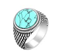 Vintage Stone Signet Ring for Men Women, Antique Silver Stainless Steel Statement - Thumb Knuckle Band, Comfort Fit Retro Biker Jewellery, Black Agate Tiger Eye Turquoise Gift (Turquoise, US9=S)