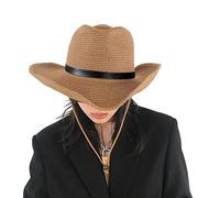 Vintage Straw Cowboy Hat with Leather Belt Summer Sun Protection Panama Hat with Adjustable Chin Rope Hand-Woven Western Cowboy Hat Fedora Trilby Hat for Travel Beach Holiday Khaki