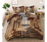 Vintage Street Ultra Soft Duvet Cover Double Size, Seaport Ship Bedding Set, Durable & Breathable Red Flower Comforter Cover Set, European Style All Season Comfort Quilt Bedding Cover