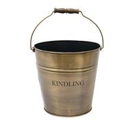 Vintage Style 17L Fireside Kindling Wood Storage Bucket (Brass) | Recycled Metal, Cast Iron, Carrying Handle, Wooden Finish Handle, Text Design, Brushed Finish, Fireside Storage