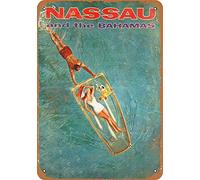 Vintage Style 1962 Nassau Bahamas Travel Pin Up Girl Sunbathing on The Boat Home Wall Art Decor Metal Plaque Tin Sign for Outdoor Garage Street Shop Kitchen Bar Restaurant 12x8inch