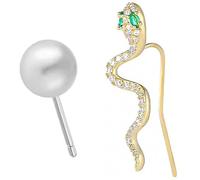 Vintage Style Asymmetrical Earrings For Women, Serpent Earring With Emerald Details And Pearl Stud, Gold-Plated Hook Design