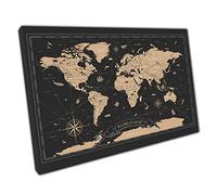 Vintage Style Black And Gold World Map Wall Art Print On Canvas Picture For Home Office Decor 61x41cm (24x16In)