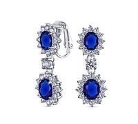 Vintage Style Bridal Simulated Blue Sapphire Statement Pave Crown Halo Cubic Zirconia AAA CZ Drop Dangling Oval Chandelier Clip On Earrings For Women Non-Pierced