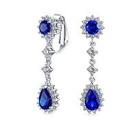 Vintage Style Bridal Simulated Blue Sapphire Statement Pave Crown Halo Cubic Zirconia AAA CZ Long Dangling Oval Teardrop Chandelier Clip On Earrings For Women Non-Pierced