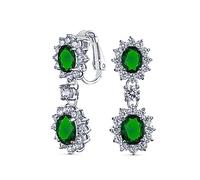 Vintage Style Bridal Simulated Emerald Green Statement Pave Crown Halo Cubic Zirconia AAA CZ Drop Dangling Oval Chandelier Clip On Earrings For Women Non-Pierced
