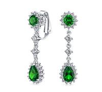 Vintage Style Bridal Simulated Emerald Green Statement Pave Crown Halo Cubic Zirconia AAA CZ Long Dangling Oval Teardrop Chandelier Clip On Earrings For Women Non-Pierced