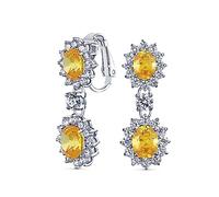 Vintage Style Bridal Simulated Gemstone Statement Pave Crown Halo Cubic Zirconia AAA CZ Drop Dangling Oval Chandelier Clip On Earrings For Women Non-Pierced