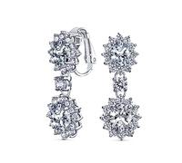 Vintage Style Bridal Simulated Gemstone Statement Pave Crown Halo Cubic Zirconia AAA CZ Long Dangling Oval Teardrop Chandelier Clip On Earrings For Women Non-Pierced