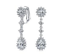 Vintage Style Bridal Simulated Gemstone Statement Pave Crown Halo Cubic Zirconia AAA CZ Long Dangling Oval Teardrop Chandelier Clip On Earrings For Women Non-Pierced