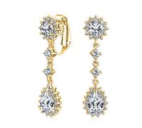 Vintage Style Bridal Simulated Gemstone Statement Pave Crown Halo Cubic Zirconia AAA CZ Long Dangling Oval Teardrop Chandelier Clip On Earrings For Women Non-Pierced Gold Plated Brass