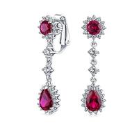 Vintage Style Bridal Simulated Ruby Red Green Statement Pave Crown Halo Cubic Zirconia AAA CZ Long Dangling Oval Teardrop Chandelier Clip On Earrings For Women Non-Pierced
