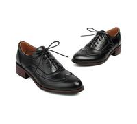 Vintage Style Casual Lace up Shoes for Women Oxfords Fashion Mixed Colors Women Flats Lady PU Leather Single Shoe -black-11
