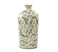 Vintage Style Ceramic Flower Vase Distressed Effect Crackle Glaze Green Botanical Floral Print Ceramic Vase Bottle Mantelpiece Windowsill Shelf Dining Table Centrepiece Decoration (DZ91)