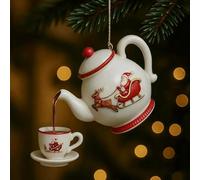 Vintage-Style Christmas Teapot Ornament, Hanging Tree Ornaments with Ceramic Style & Tea Cup Design, Festive Holiday Decoration, Collectible Gift for Tea Lovers