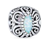 Vintage Style Created Opal Bali Style Scroll Milgrain Charm Bead For Women .925 Sterling Silver Fits European Bracelet