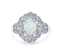 Vintage Style Cubic Zirconia Ornate Filigree Oval Flower White Created Opal Boho Full Finger Ring .925 Sterling Silver