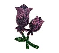 Vintage Style Double Rose Brooch Pin, Purple Crystal Rhinestone, Green Stem