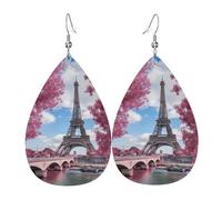 Vintage Style Eiffel Tower Paris Printed Teardrop Pendant Leather Earrings | Lightweight and Versatile Earrings | Suitable for Daily Commute and Date Wear
