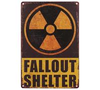 Vintage Style Fallout Shelter Metal Tin Sign, Post-Apocalyptic Nuclear Warning Design, Distressed Black and Yellow, Wall Decor