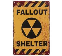 Vintage Style Fallout Shelter Metal Tin Sign, Yellow and Black, Nuclear Warning Design, Distressed Finish, Wall Decor